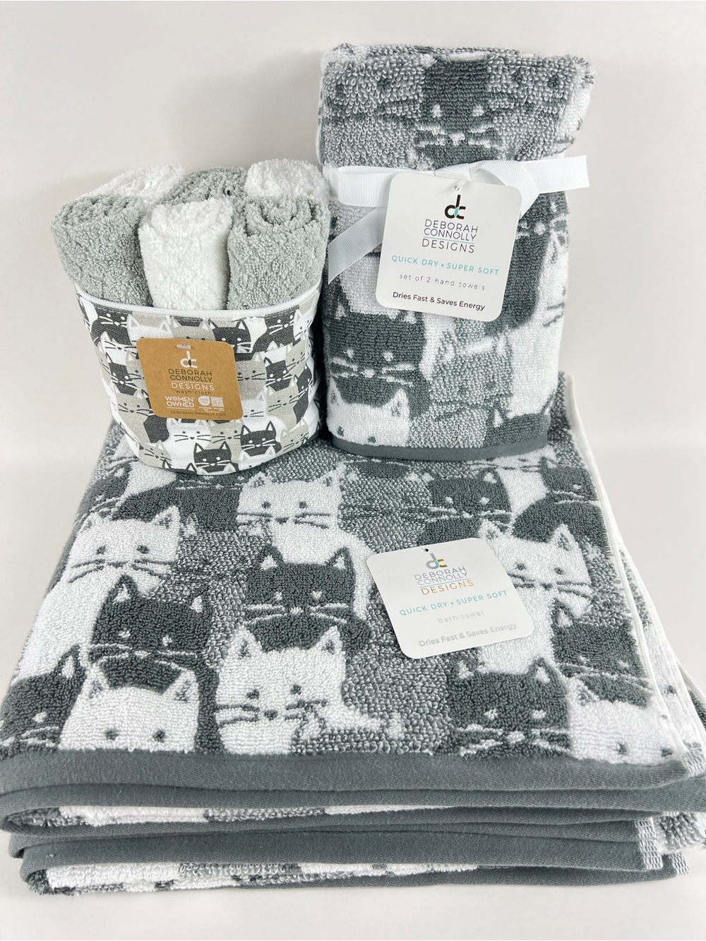 Deborah Connolly Bath Towel Set Gray White Cat Design Cotton Blend 10 Pc NEW